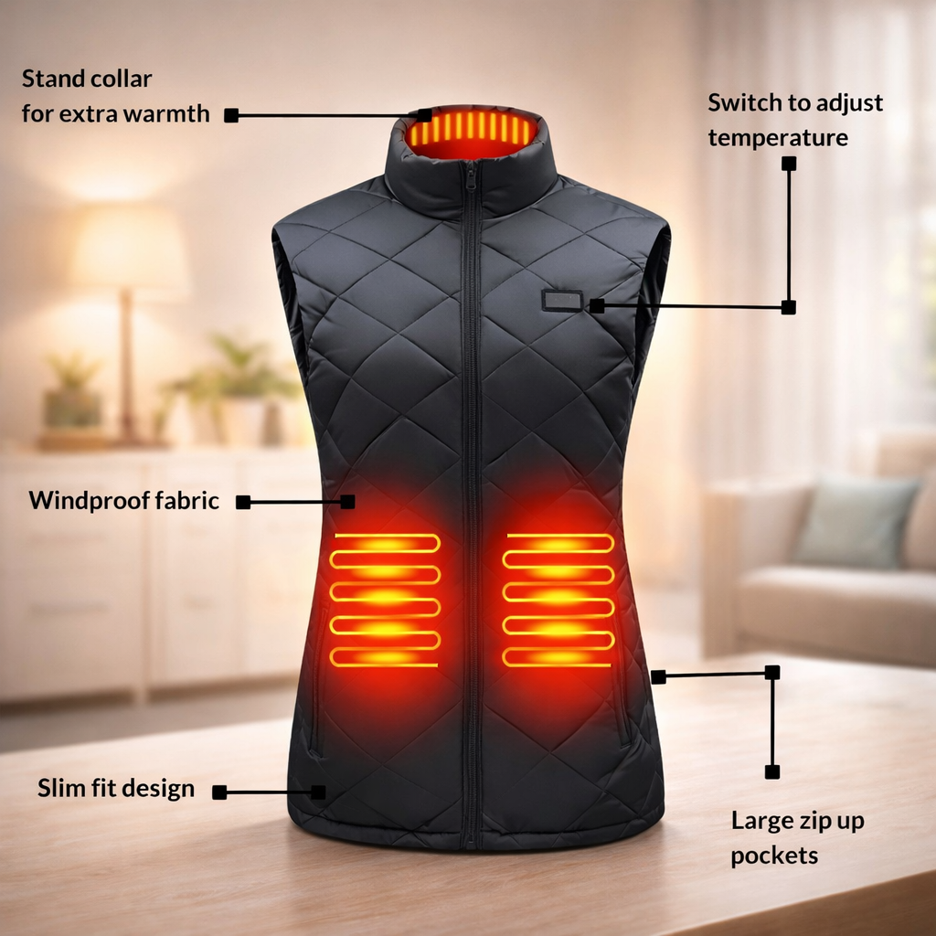 Gewatteerd elektrisch verwarmingsvest voor dames met opstaande kraag thermisch verwarmd lichtvest bodywarmer | Sulvida