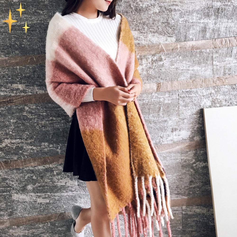 Écharpe à carreaux avec franges beige/bleu marine gris/noir rose pâle/blanc, étole douce en cachemire, accessoire d’hiver de luxe | Sulvida