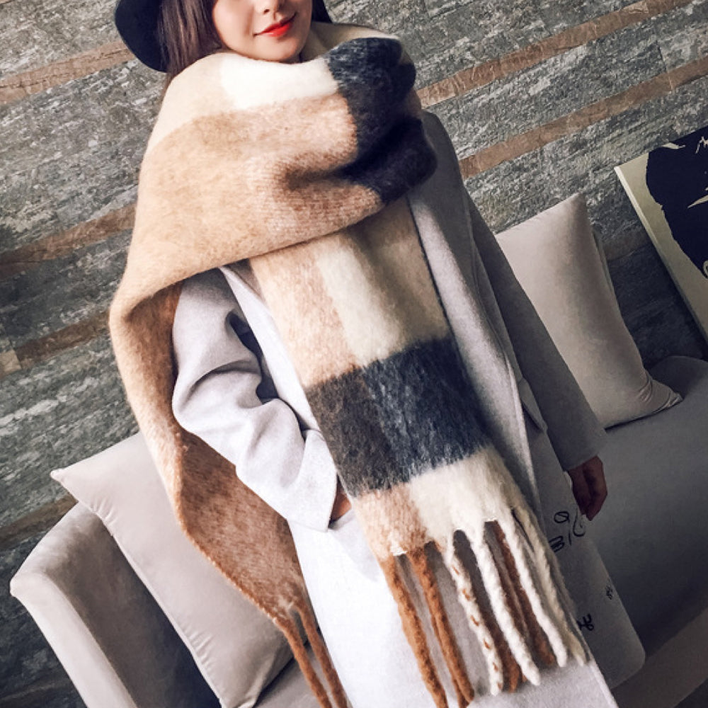 Écharpe à carreaux avec franges beige/bleu marine gris/noir rose pâle/blanc, étole douce en cachemire, accessoire d’hiver de luxe | Sulvida