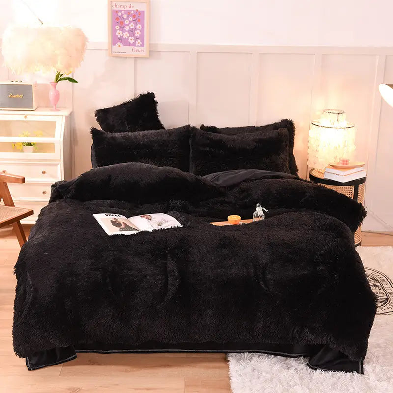 Plüsch-Fleece-Bettwäsche-Set, winterwarm, Teddy, 3-4-teilig, mit Bezug, Laken und Kissenbezügen | Sulvida