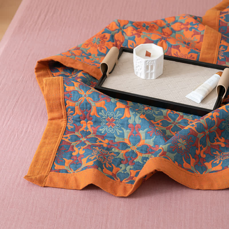 Zeslaags Katoenen Quilt Oranje en Blauw Patroon Omkeerbaar Dekbed Ademend Bedtextiel voor Modern Slaapkamerinterieur | Sulvida