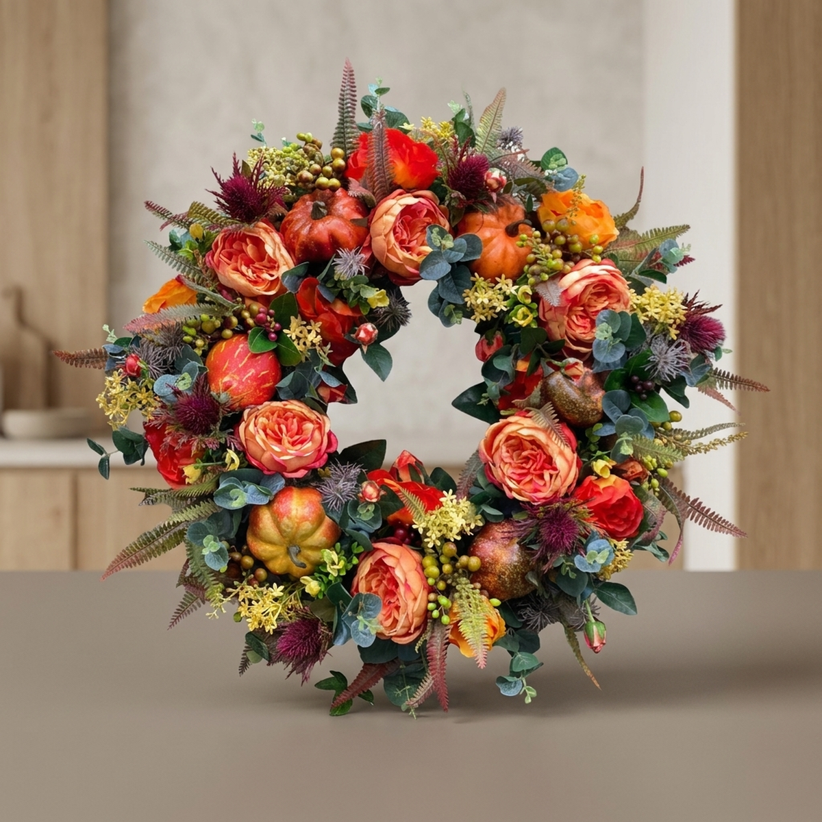 Herfststuk Pompoen met Rotan & Bladeren 40cm Oranje Bruin voor Deur Krans Herfstdecoratie Seizoen Interieur | Sulvida