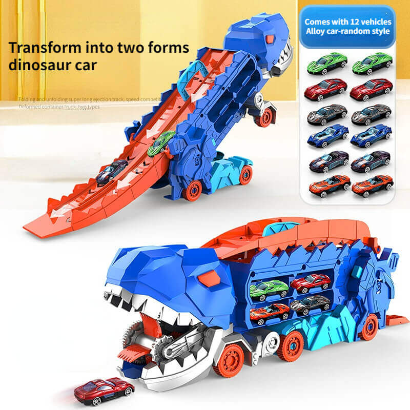 Dino Speelgoedtruck Transporter met Miniaturautos Dubbelbaansracebaan Opslag Draagbaar Speelset Kinderen | Sulvida