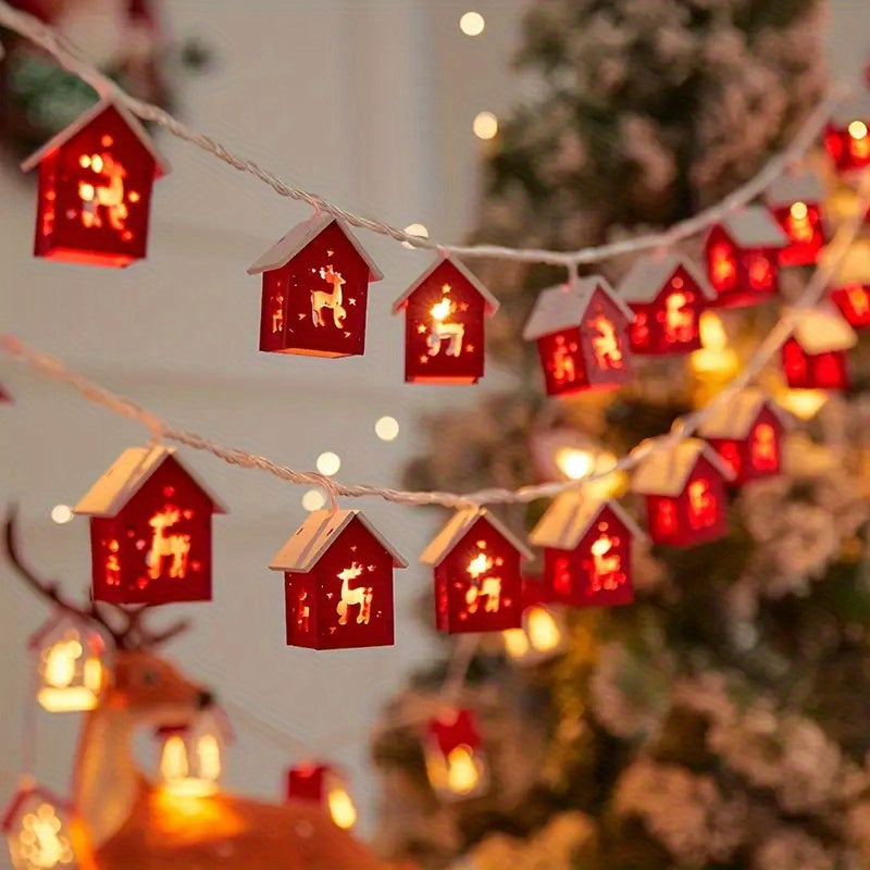 Houten Huisjes Lichtslinger Kerst met Warm LED Licht Sfeerverlichting Winterdecoratie Snoer 200 cm Kerstdecoratie | Sulvida