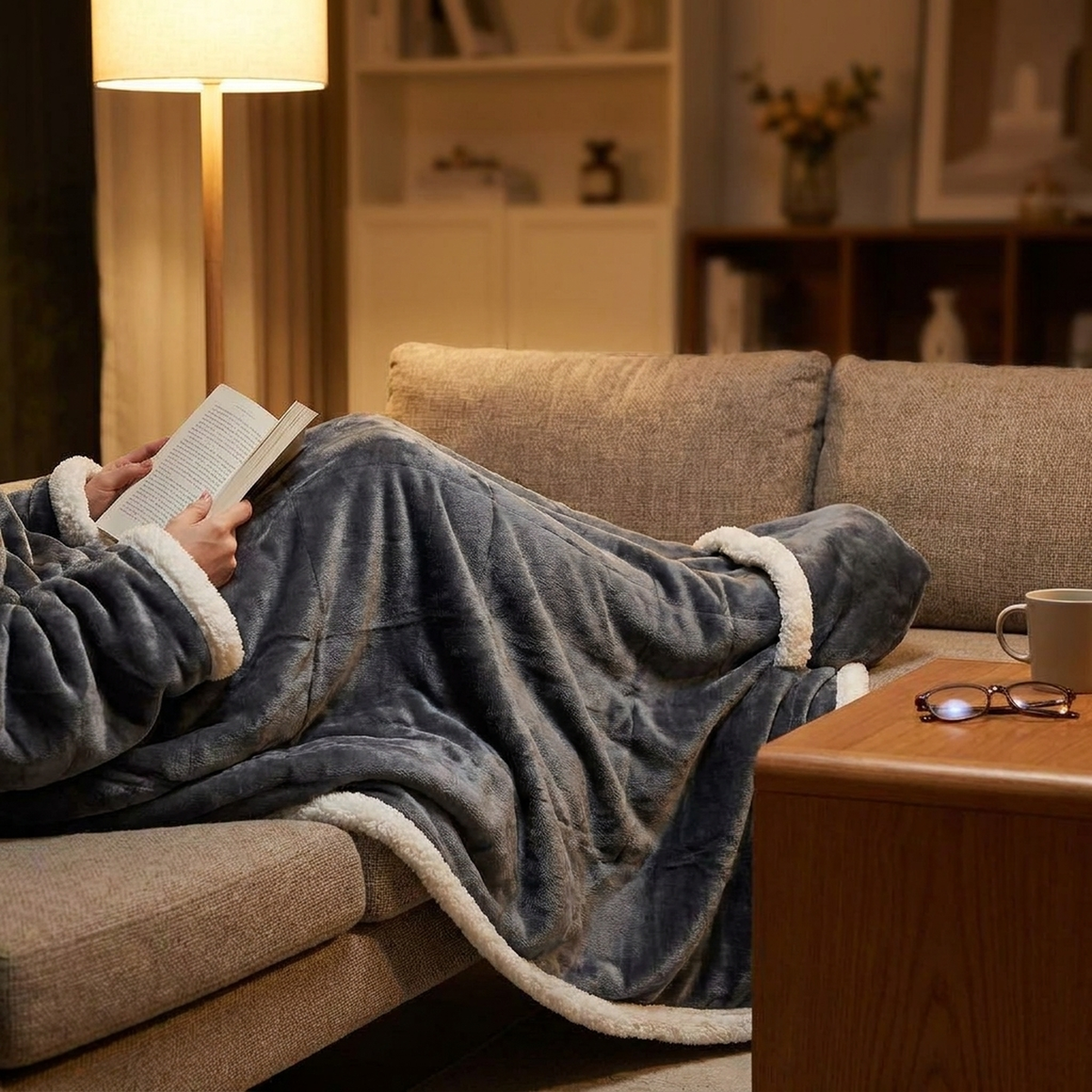 Draagbare Sherpa Deken met Mouwen en Voetenzak voor Bank Lezen TV Kijken Ontspanning Thuiswerken Loungen | Sulvida