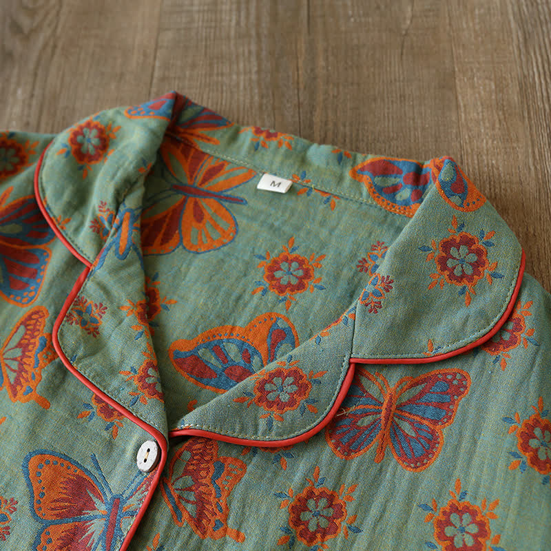 Vintage Vlindermotief Katoenen Loungewear Pyjama Set met Lange Mouwen voor Comfortabele Ontspanning Dames Thuiskleding Nachtkleding Huispak | Sulvida
