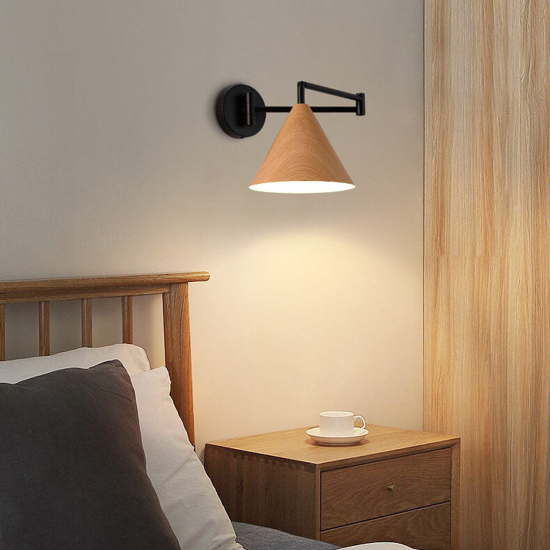 Verstelbare wandlamp met houtkleur metalen kap Scandinavisch design slaapkamer woonkamer modern leeslamp | Sulvida