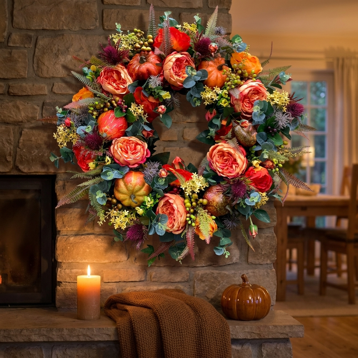 Herfststuk Pompoen met Rotan & Bladeren 40cm Oranje Bruin voor Deur Krans Herfstdecoratie Seizoen Interieur | Sulvida