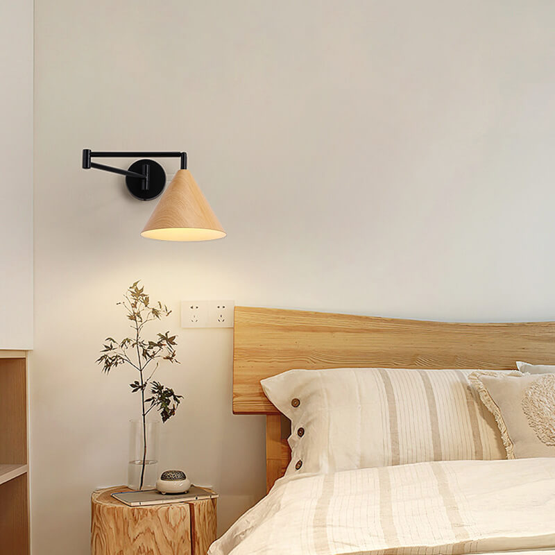 Verstelbare wandlamp met houtkleur metalen kap Scandinavisch design slaapkamer woonkamer modern leeslamp | Sulvida