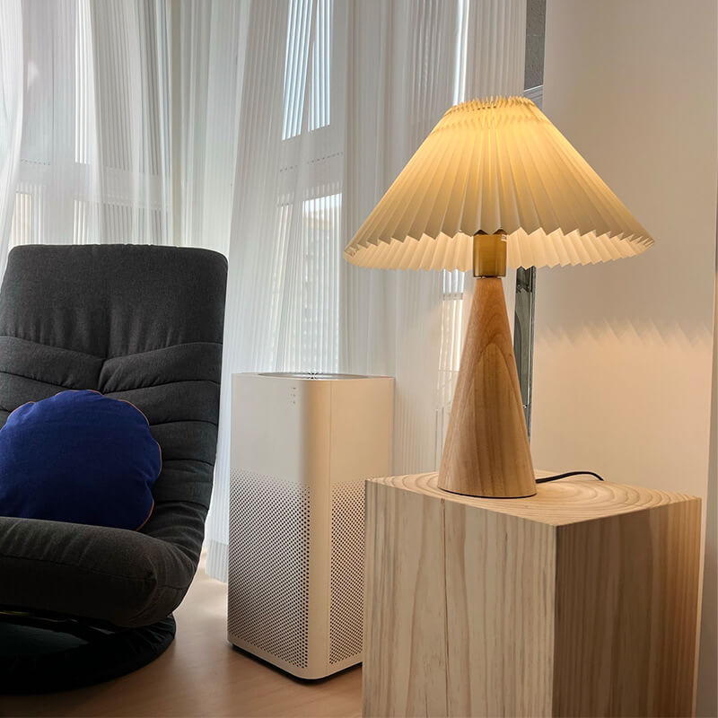 Japanse Tafellamp Hout met Plissékap Vintage LED E26 35×48cm Sfeerlicht Woonkamer Slaapkamer Nachtkastje | Sulvida