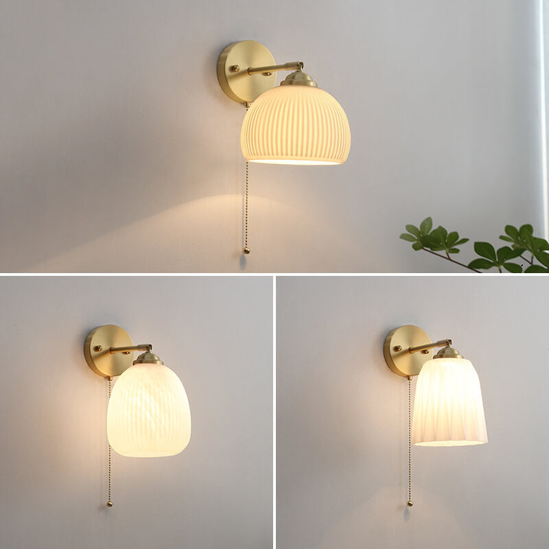 Wandlamp Gesatineerd Wit Glas Messing Trekschakelaar Moderne Slaapkamerverlichting Nordic Gestreept Design | Sulvida