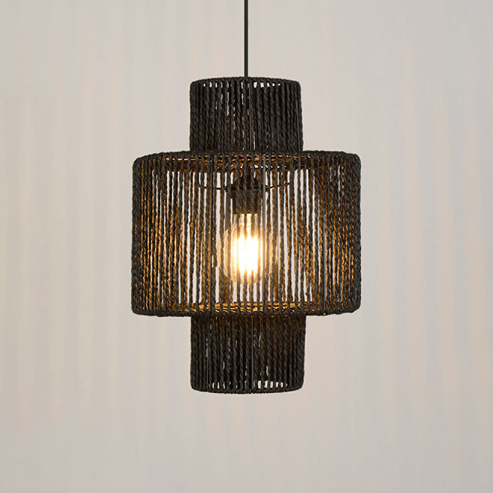 Rotan Hanglamp Zwart Trommel Landelijk Design Verstelbaar voor Woonkamer Eetkamer Rustiek Sfeervol Karakter | Sulvida