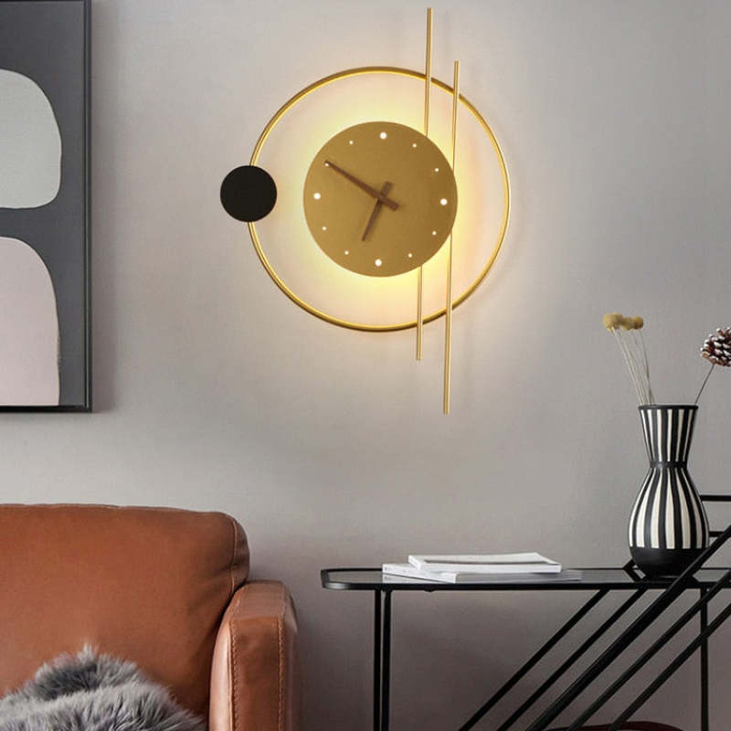 LED Wandlamp met Klok Zwart Goud Metaal Acryl Woonkamer Gang Studeerkamer Trap Modern Design Verlichting | Sulvida