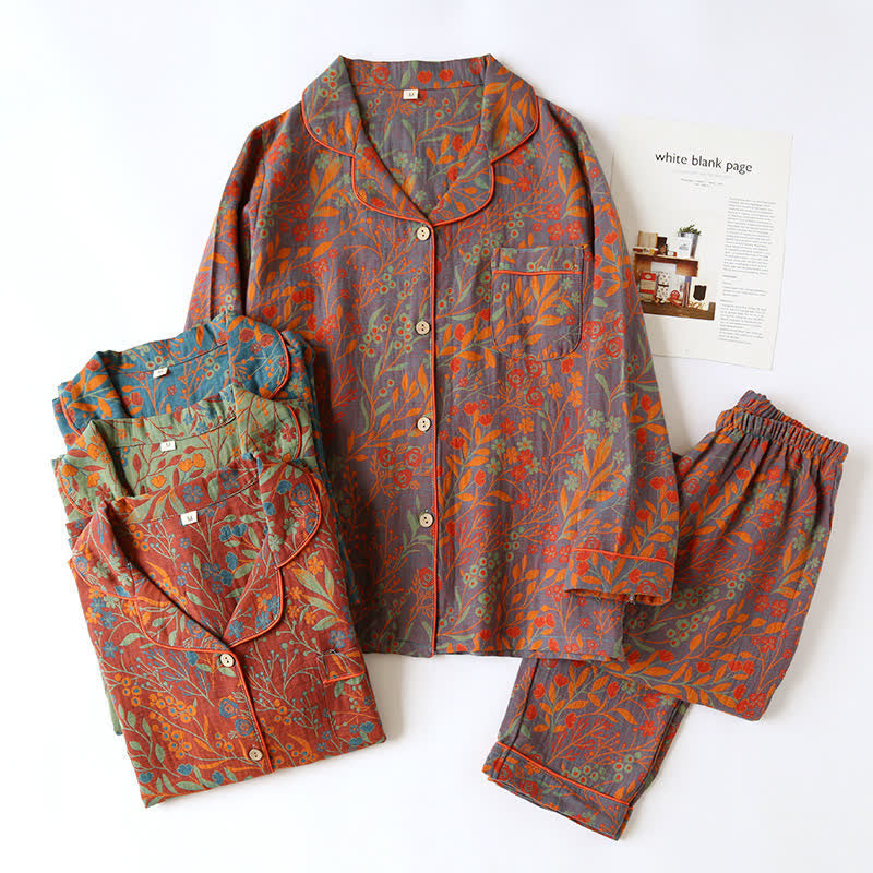 Vintage Loungewear Set met Blaaddessin - Katoenen Pyjama met Klassiek Jacquardpatroon voor Dames en Heren - Comfortabele Homewear | Sulvida