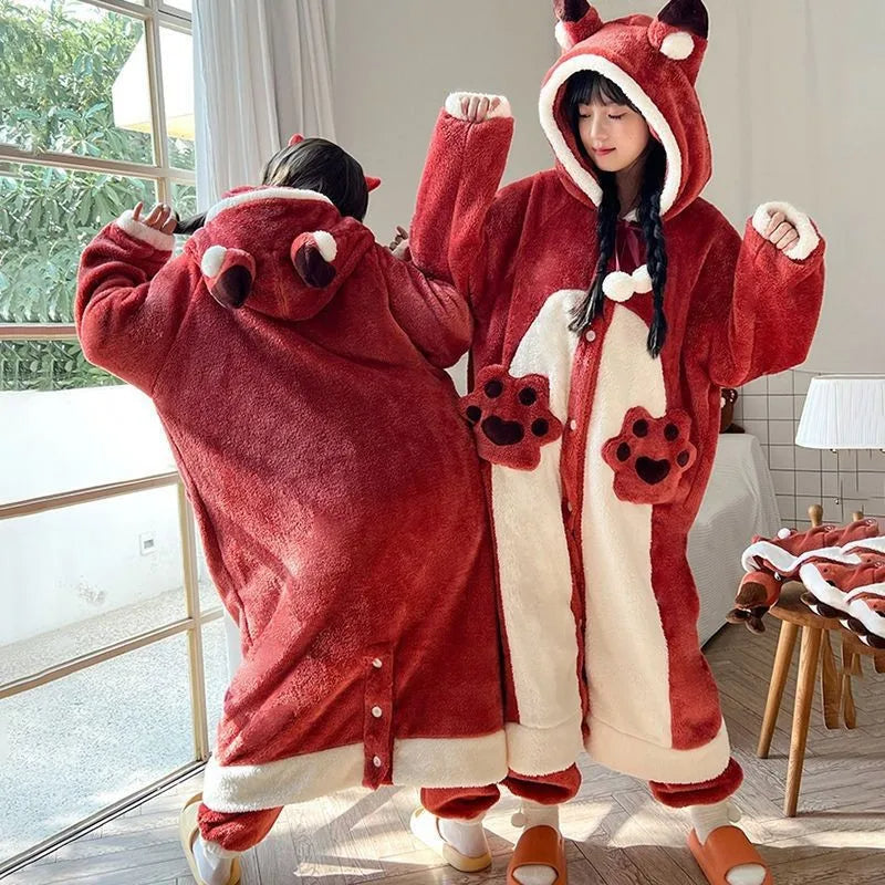 Dieren Onesie Pyjama met Capuchon Vos Dino Print voor Kinderen Volwassenen Comfortabel Herfst Winter Thuis | Sulvida