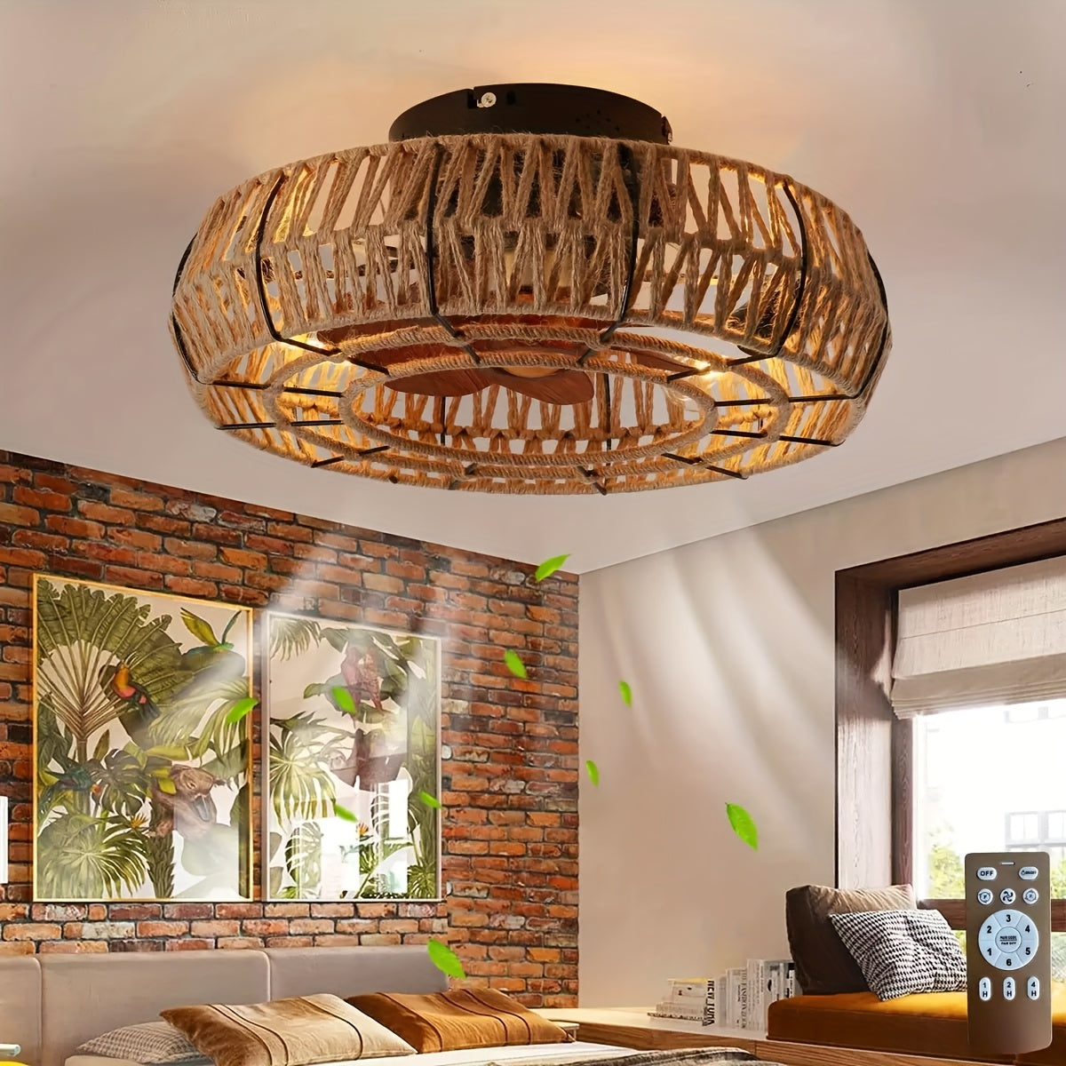 Natuurlijke Rotan Plafondventilator 48 cm Zen Stijl Sfeervolle Ventilator met LED Verlichting E27 Woonkamer | Sulvida