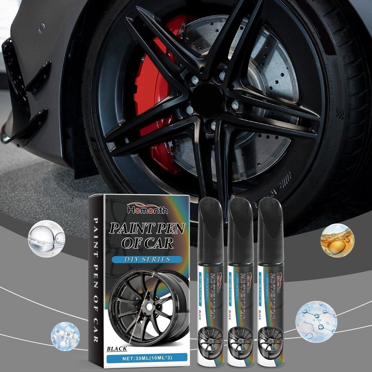 Stylo de retouche pour jantes noir, lot de 3 flacons pour réparer les petites rayures des jantes et retoucher la peinture des roues de voiture | Sulvida