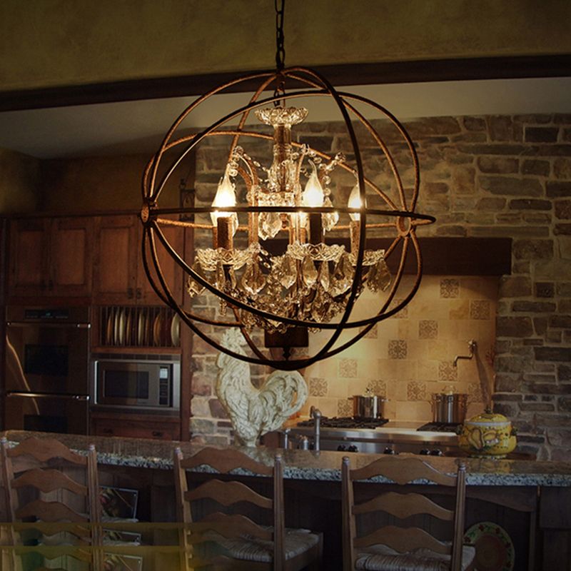 Hanglamp Vintage Metaal Kristal Kaarslicht 4-Lichts Zwart Roest Woonkamer Eetkamer Slaapkamer Retro Sfeer | Sulvida