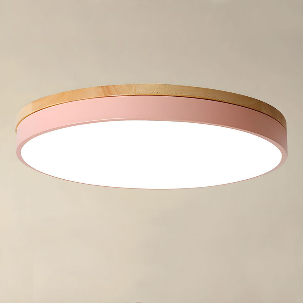 Ronde houten plafondlamp LED 30/40/50 cm dimbaar met afstandsbediening natuurhout wit geel roze blauw | Sulvida