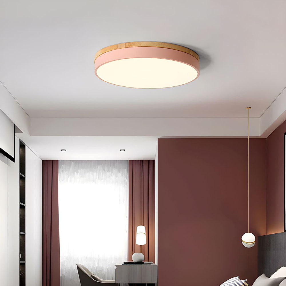 Ronde houten plafondlamp LED 30/40/50 cm dimbaar met afstandsbediening natuurhout wit geel roze blauw | Sulvida