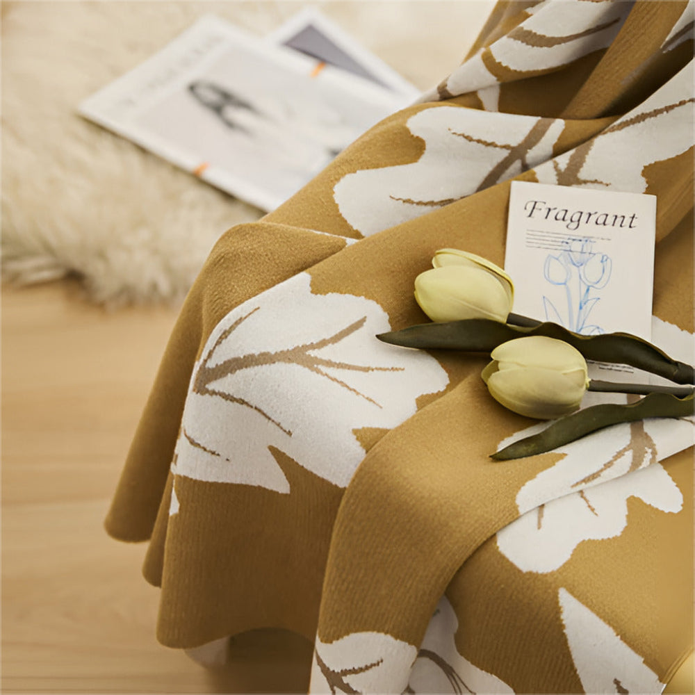 Gebreide Katoenen Plaid met Bladpatroon 130x160 cm Jacquard Deken voor Bed Bank Natuurlijk Botanisch Design | Sulvida