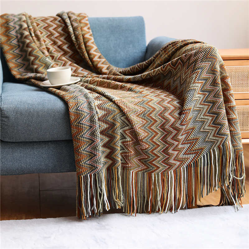 Gebreide plaid met zigzag patroon en franje meerkleurig zacht acryl voor bank bed en decoratie woonkamer | Sulvida