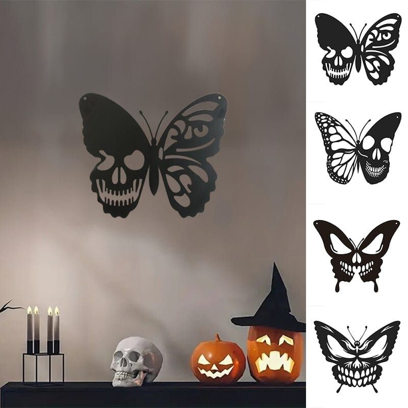 Metalen Vlinder Schedel Wanddecoratie Gothic Design Kunstwerk Interieur Woonkamer Kantoor Zwart Muurdecoratie | Sulvida