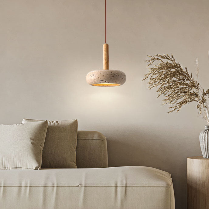 Travertin Hanglamp Geel met Houten Accent LED-Verlichting 12W Japans Design Verstelbaar Snoer 180cm Eetkamer | Sulvida