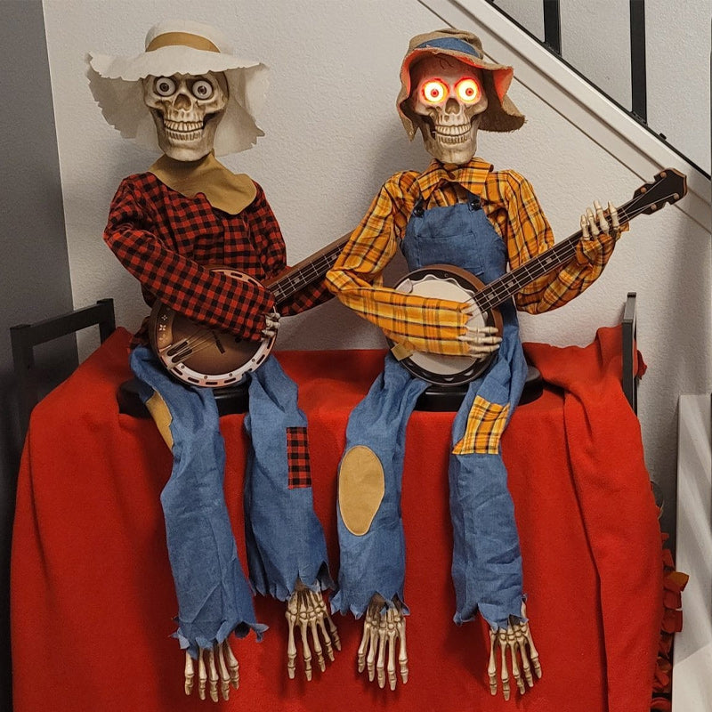 Duo de squelettes animés avec musique de banjo, décoration d’Halloween pour l’intérieur et l’extérieur, décoration de fête | Sulvida