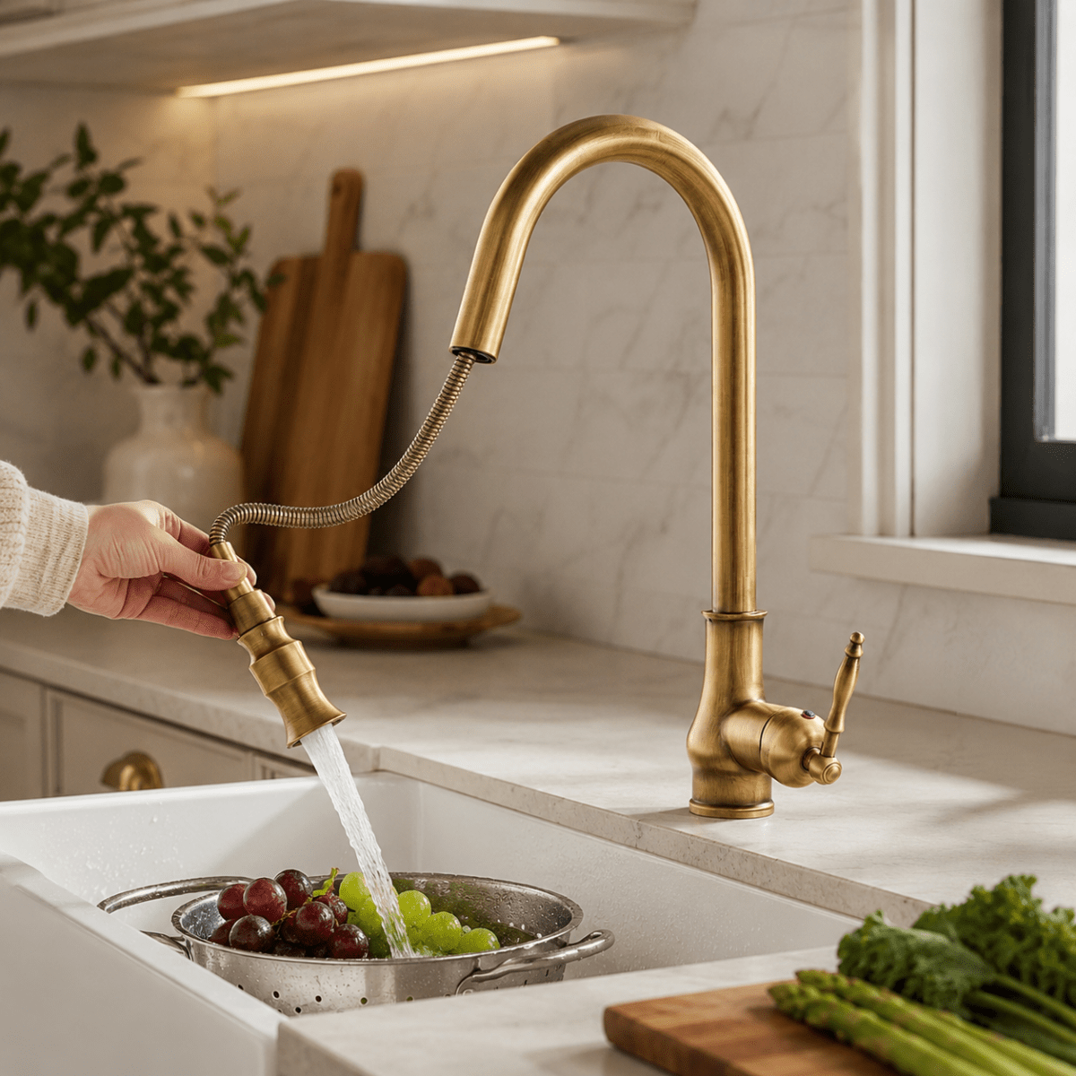 Uittrekbare keukenkraan massief messing met flexibele handdouche voor spoelen vullen reinigen keuken | Sulvida