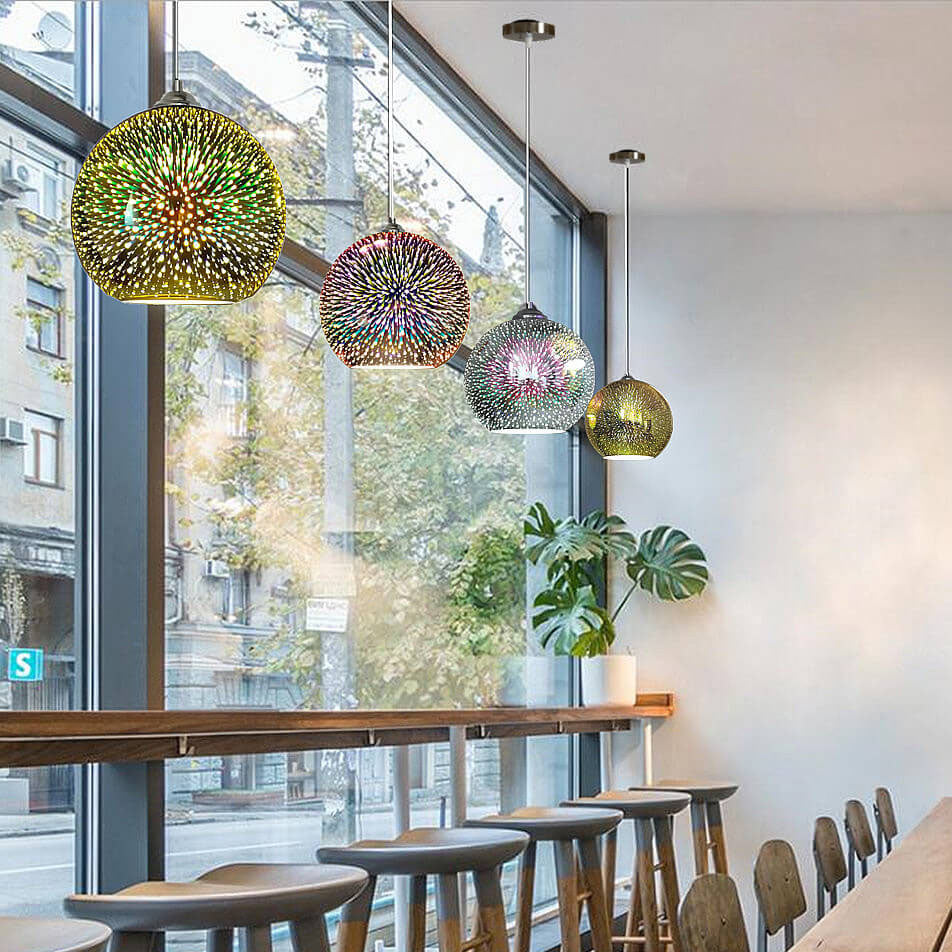 Glazen hanglamp met 3D vuurwerkeffect modern koepelontwerp metalen fitting sfeervol lichtpunt woonkamer eetkamer | Sulvida