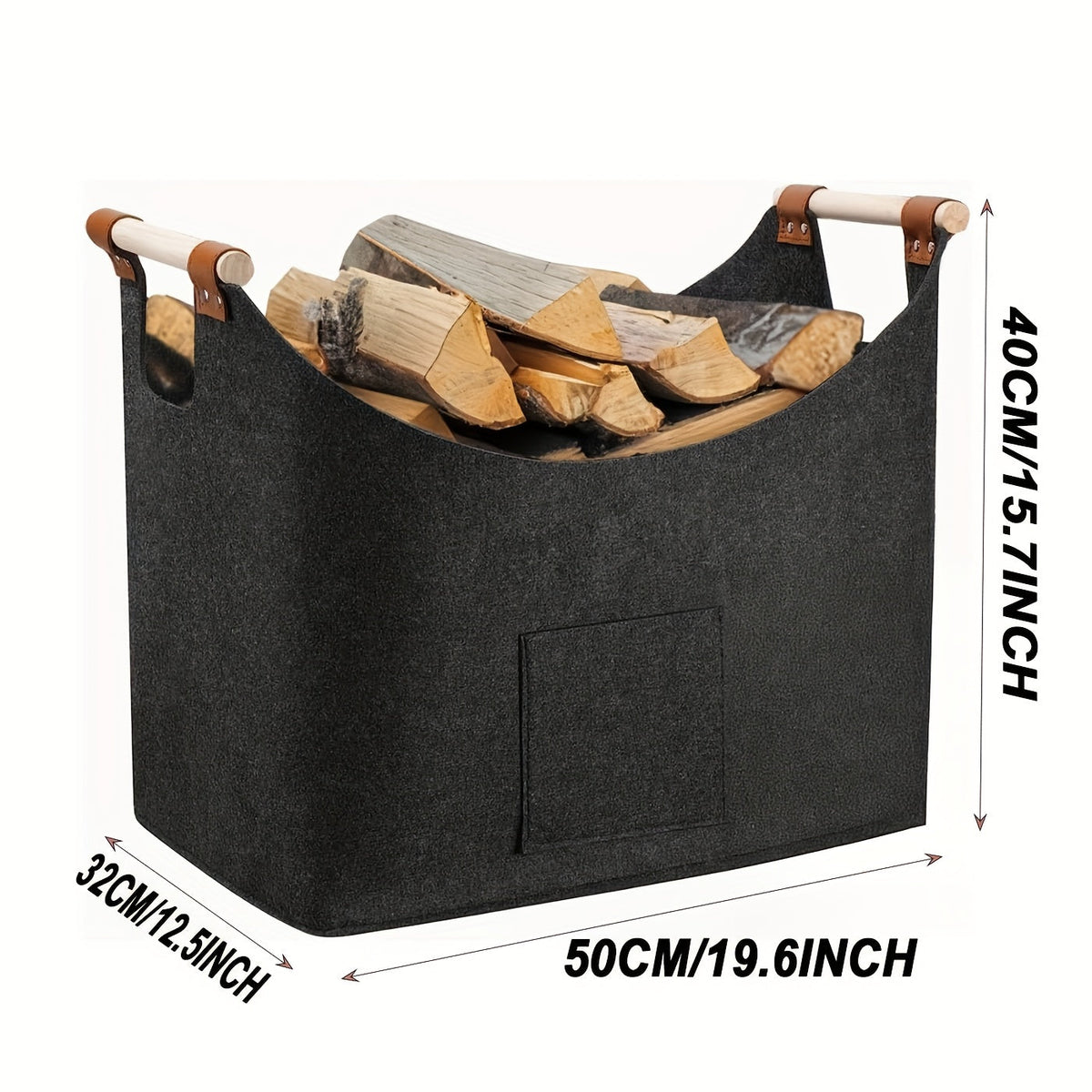 Filten Haardhoutmand 55L Opvouwbaar Donkergrijs met Houten Handvatten Modern Haardaccessoire Interieur | Sulvida