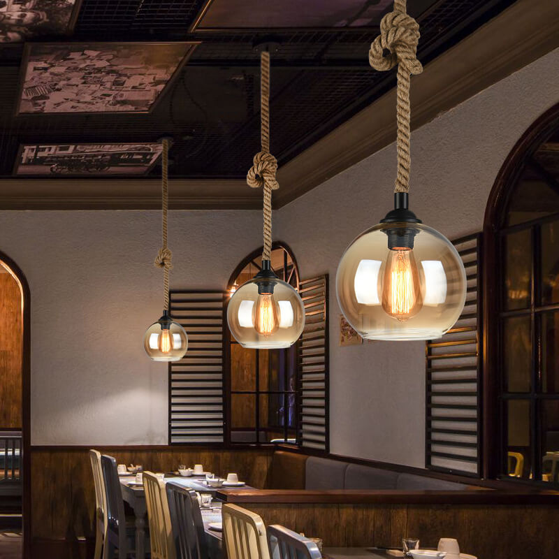 Vintage hanglamp met glazen kap metaal en touw rond 1-lichtpunt E26 woonkamer eetkamer industrieel sfeerlicht | Sulvida