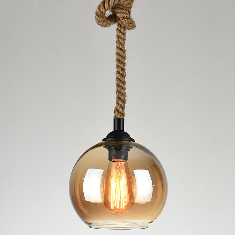 Vintage hanglamp met glazen kap metaal en touw rond 1-lichtpunt E26 woonkamer eetkamer industrieel sfeerlicht | Sulvida