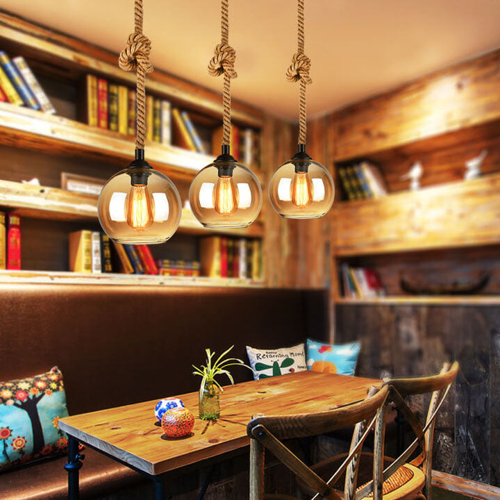 Vintage hanglamp met glazen kap metaal en touw rond 1-lichtpunt E26 woonkamer eetkamer industrieel sfeerlicht | Sulvida