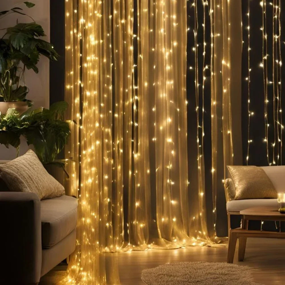 LED Lichtgordijn Warm Wit 300 LEDs 3x3 meter met 8 verlichtingsmodi voor binnen en buiten sfeerverlichting tuin balkon terras kerstdecoratie feestverlichting waterbestendig USB-voeding | Sulvida
