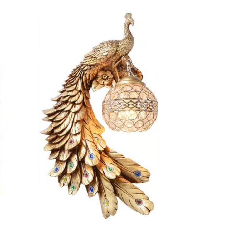 Wandlamp Kristallen Bol Pauw Hars Decoratief Enkel Lichtpunt Sfeervol Interieur Luxe Accent Wandverlichting | Sulvida