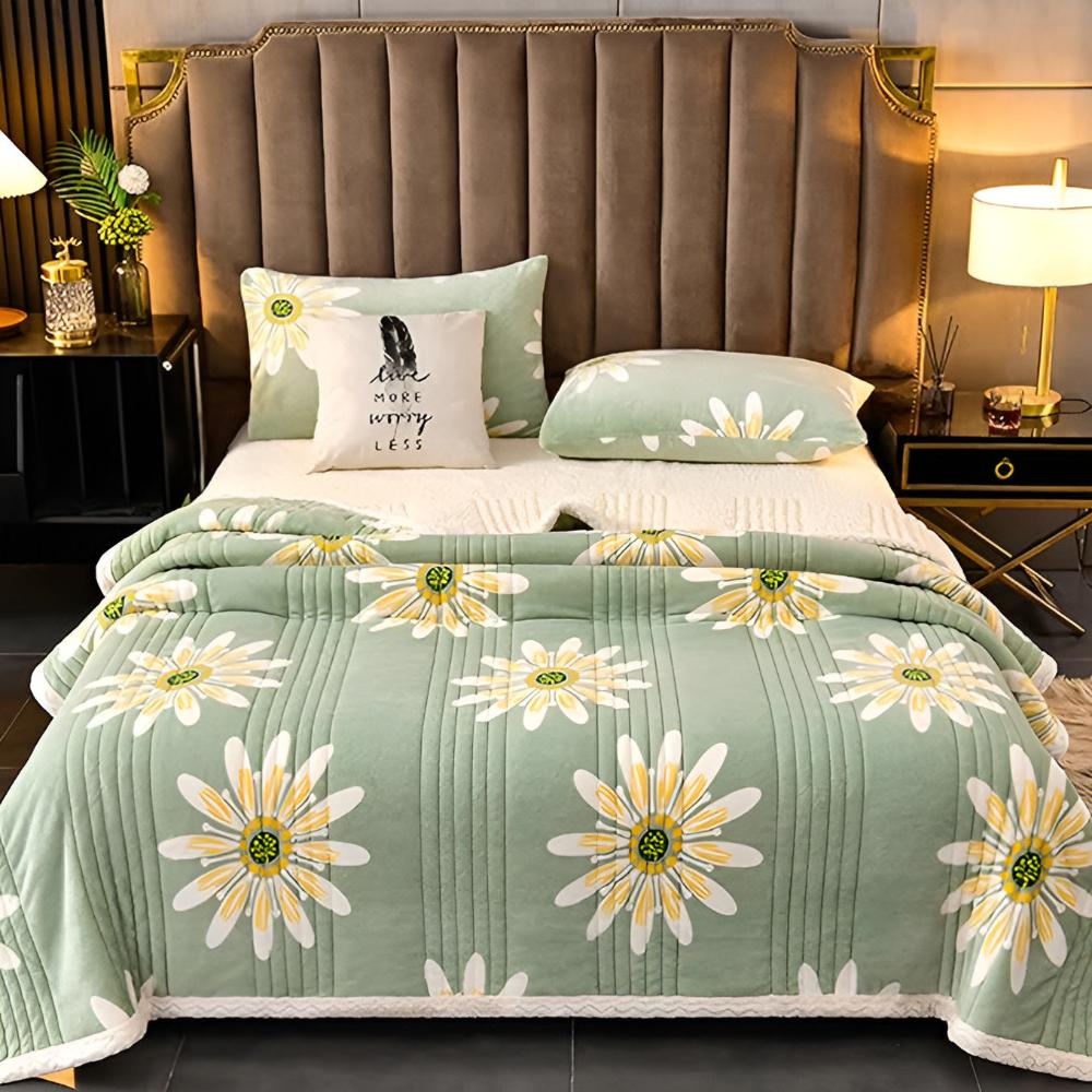 Dubbelzijdige plaid met madeliefjesmotief - zachte fleecedeken lamswol - groen geel decoratief woonkamer | Sulvida