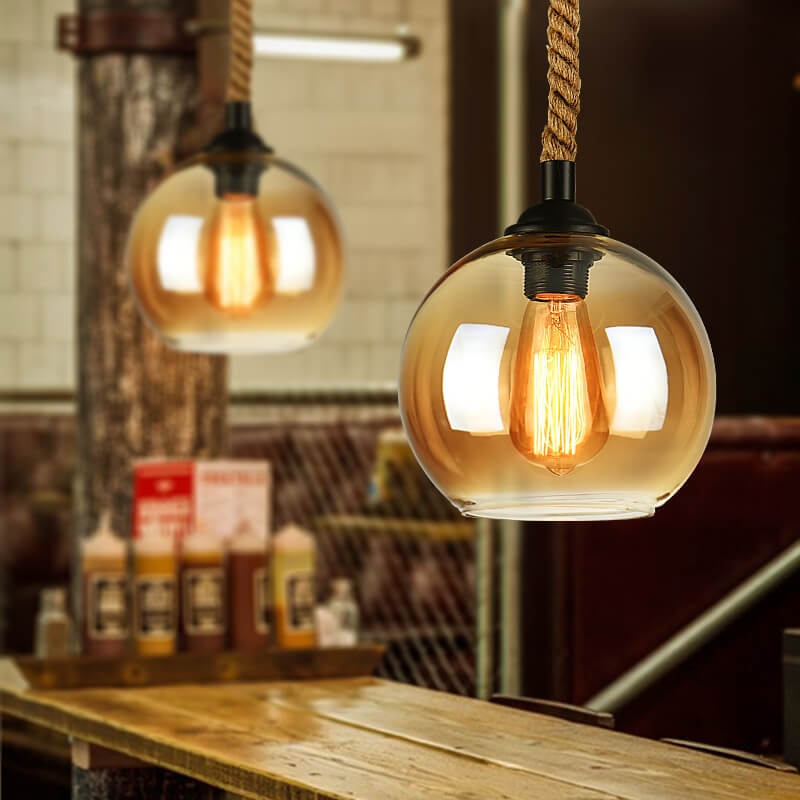 Vintage hanglamp met glazen kap metaal en touw rond 1-lichtpunt E26 woonkamer eetkamer industrieel sfeerlicht | Sulvida