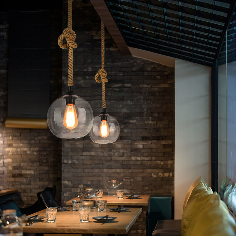 Vintage hanglamp met glazen kap metaal en touw rond 1-lichtpunt E26 woonkamer eetkamer industrieel sfeerlicht | Sulvida