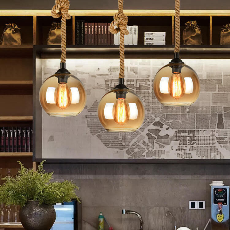 Vintage hanglamp met glazen kap metaal en touw rond 1-lichtpunt E26 woonkamer eetkamer industrieel sfeerlicht | Sulvida