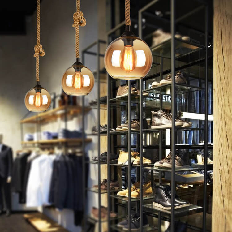 Vintage hanglamp met glazen kap metaal en touw rond 1-lichtpunt E26 woonkamer eetkamer industrieel sfeerlicht | Sulvida