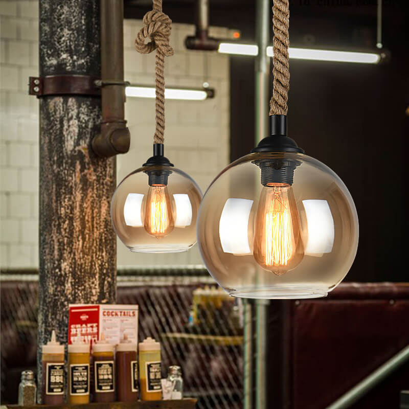 Vintage hanglamp met glazen kap metaal en touw rond 1-lichtpunt E26 woonkamer eetkamer industrieel sfeerlicht | Sulvida
