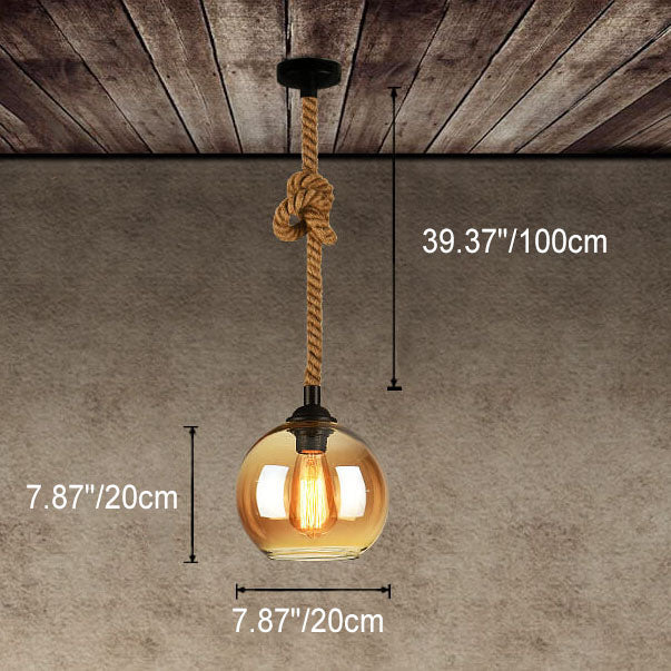 Vintage hanglamp met glazen kap metaal en touw rond 1-lichtpunt E26 woonkamer eetkamer industrieel sfeerlicht | Sulvida