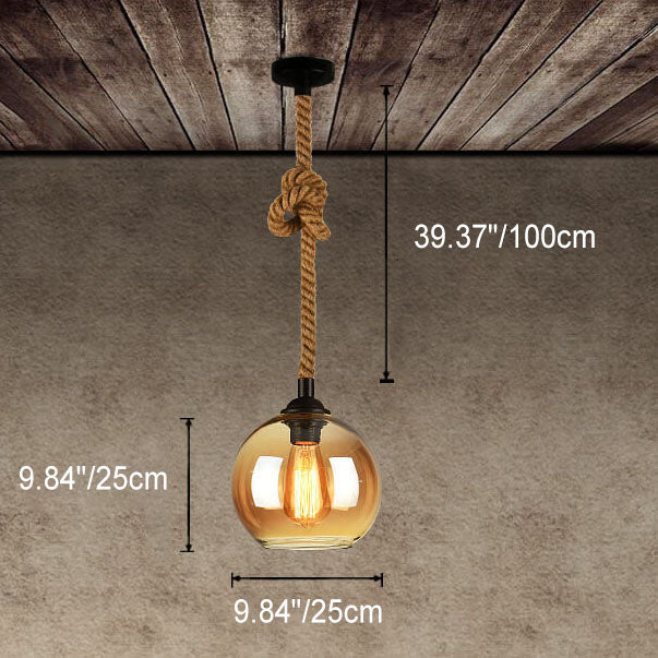 Vintage hanglamp met glazen kap metaal en touw rond 1-lichtpunt E26 woonkamer eetkamer industrieel sfeerlicht | Sulvida