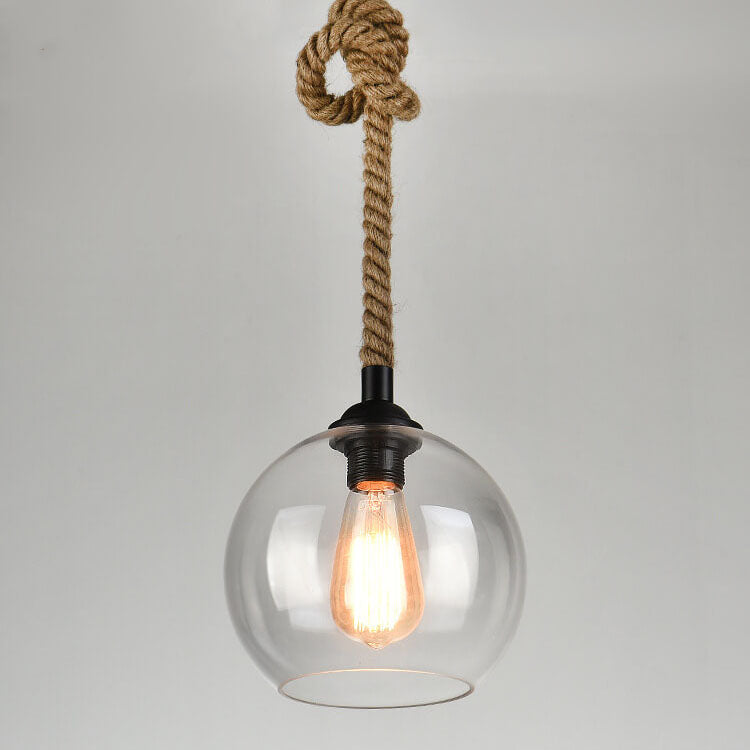 Vintage hanglamp met glazen kap metaal en touw rond 1-lichtpunt E26 woonkamer eetkamer industrieel sfeerlicht | Sulvida