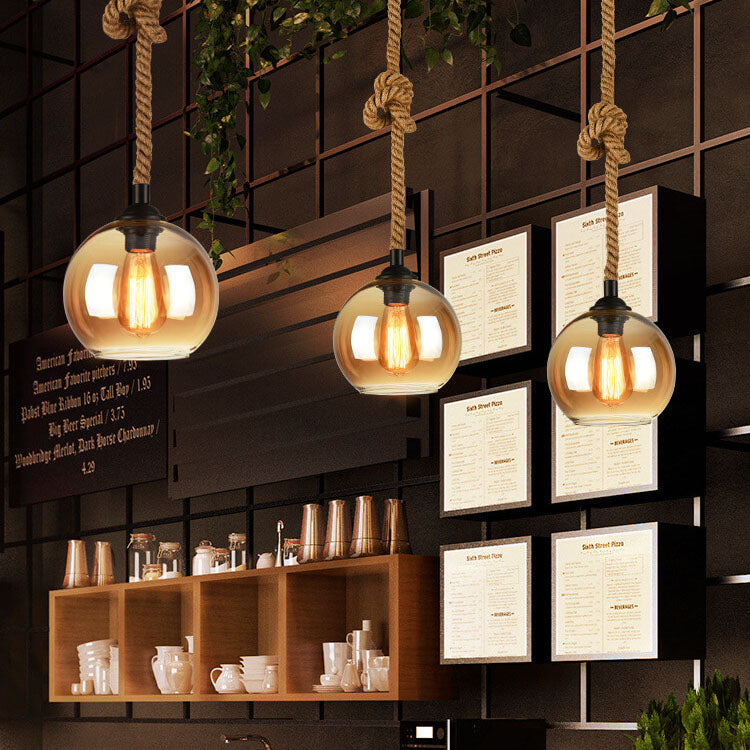 Vintage hanglamp met glazen kap metaal en touw rond 1-lichtpunt E26 woonkamer eetkamer industrieel sfeerlicht | Sulvida