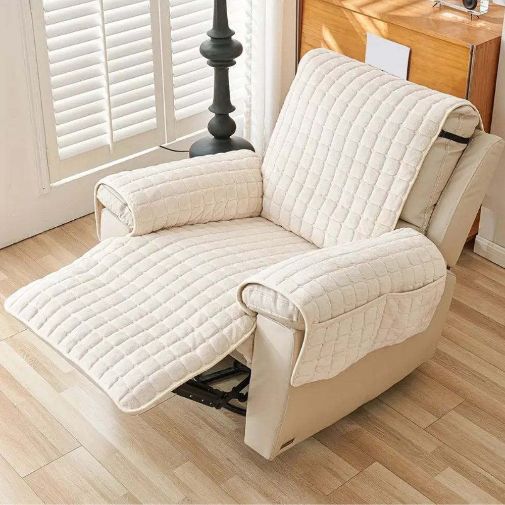 Gequilte Fauteuil-Hoes Microvezel met Zijvak Antislip Beschermhoes Huisdierbestendig Grijs Bruin Ivoor | Sulvida