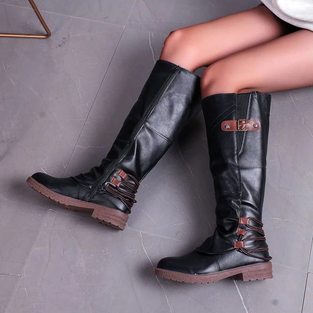 Leren Ritslaarzen voor Dames Vintage Comfortabel Halfhoog Winterschoenen met Warme Voering en Platte Zool | Sulvida