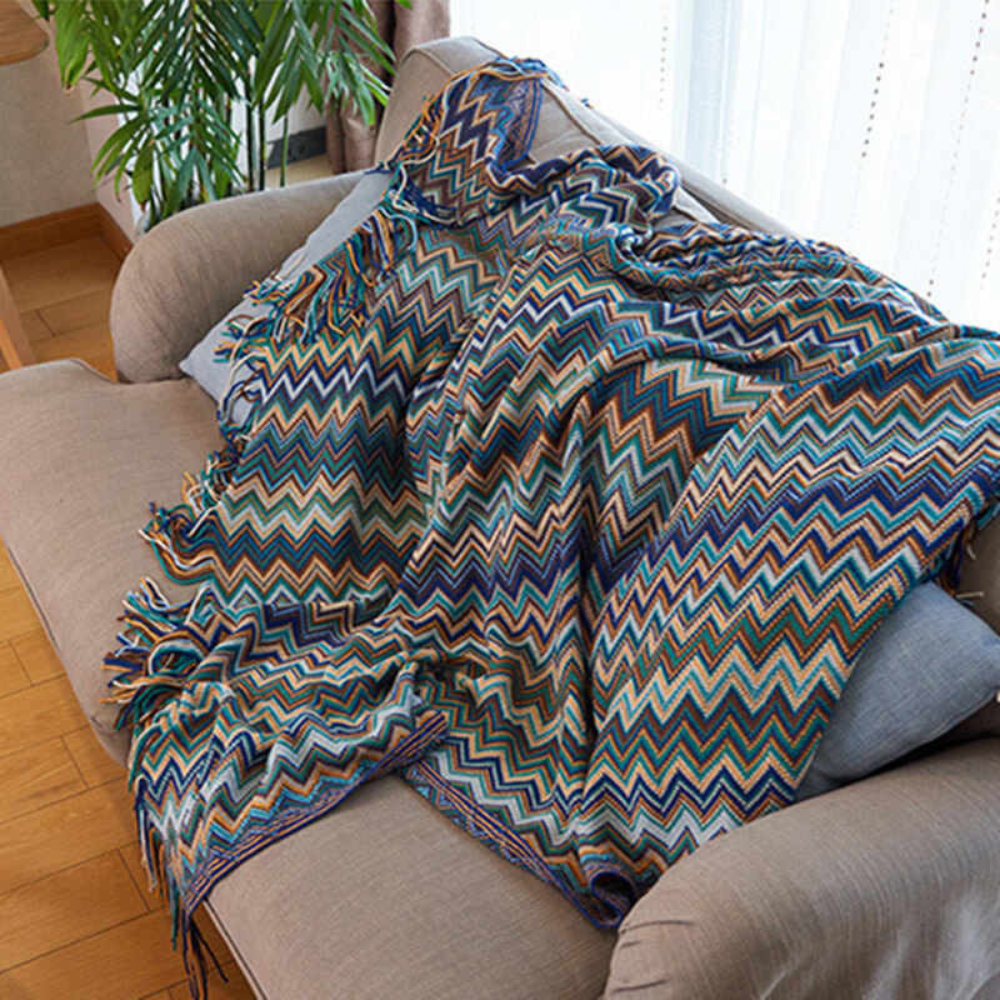 Gebreide plaid met zigzag patroon en franje meerkleurig zacht acryl voor bank bed en decoratie woonkamer | Sulvida